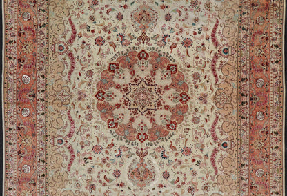 Vintage Persian Fine Tabriz Rug with Floral Medallion Design in Wool And Silk. Colorful Tabriz vintage rug from Persia with elegant medallion floral design, rug X23 - 0601 - A, country of origin / type: Iran / Tabriz, circa 1950 Measures: 9'10 x 13'0 ... - Keivan Woven ArtsX23 - 0601 - A - 24535Rug