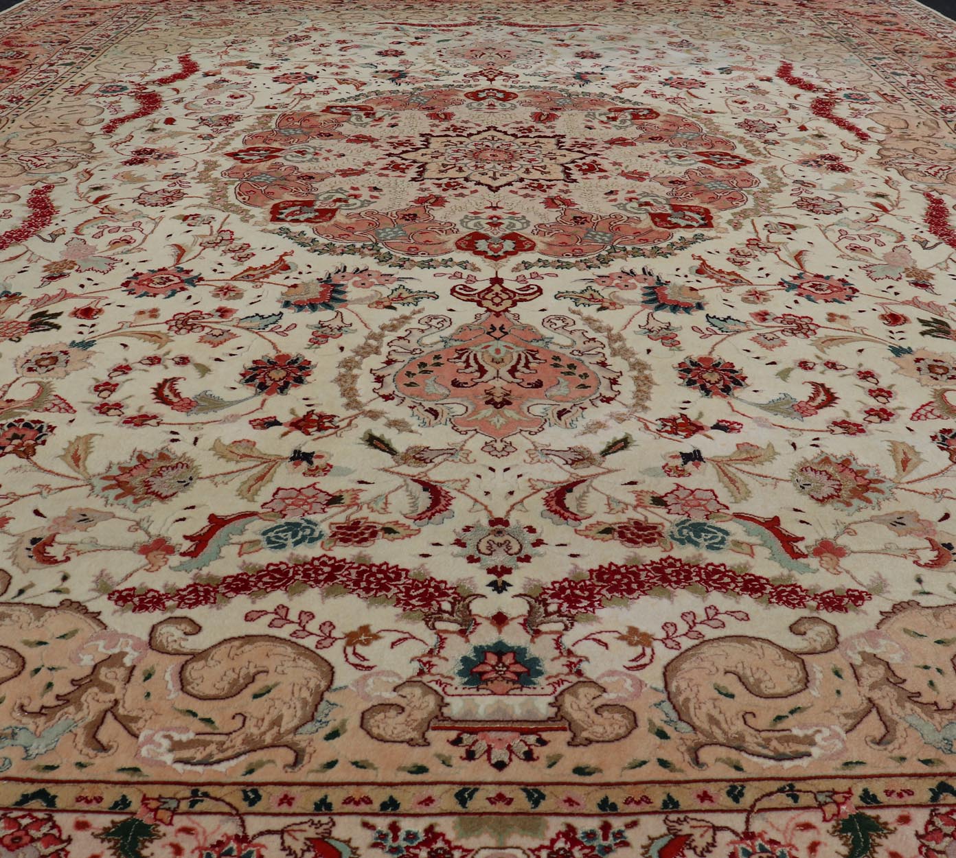 Vintage Persian Fine Tabriz Rug with Floral Medallion Design in Wool And Silk. Colorful Tabriz vintage rug from Persia with elegant medallion floral design, rug X23 - 0601 - A, country of origin / type: Iran / Tabriz, circa 1950 Measures: 9'10 x 13'0 ... - Keivan Woven ArtsX23 - 0601 - A - 24535Rug