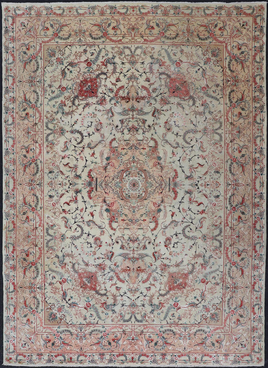 Wool & Silk Vintage Tabriz Design Medallion Rug with Intricate Floral Elements. Keivan Woven Arts / rug X23 - 0602, country of origin / type/ Tabriz, circa 1960 Measures: 8'1 x 11'2 This outstanding vintage Tabriz design carpet is primarily charac... - Keivan Woven ArtsX23 - 0602 - 24480Rug