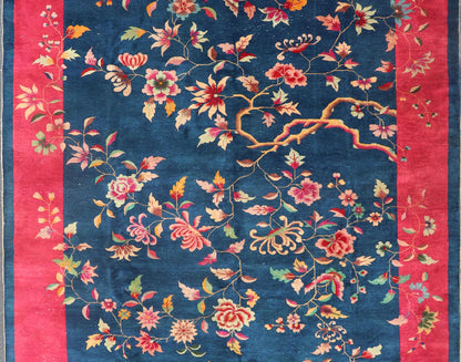 Blue Background Chinese Art Deco Rug with Large Vining Flowers and Leaves. Keivan Woven Arts / rug X23 - 0603, country of origin / type: China / Art Deco, circa 1920. Measures: 9'0 x 11'4 Alive with color, this beautiful antique Art Deco Chinese r... - Keivan Woven ArtsX23 - 0603 - 24486Rug