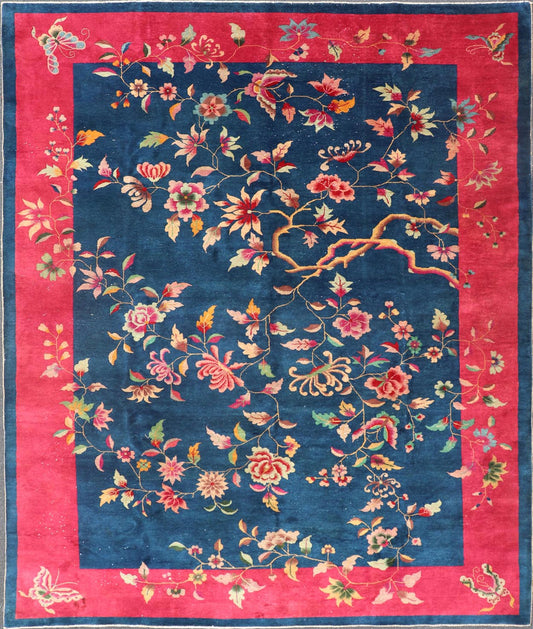 Blue Background Chinese Art Deco Rug with Large Vining Flowers and Leaves. Keivan Woven Arts / rug X23 - 0603, country of origin / type: China / Art Deco, circa 1920. Measures: 9'0 x 11'4 Alive with color, this beautiful antique Art Deco Chinese r... - Keivan Woven ArtsX23 - 0603 - 24486Rug