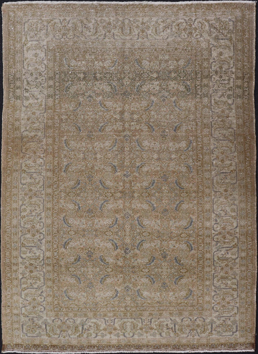 Antique Persian Tabriz Rug in Wool with Floral Design in Blue, Tan, Taupe, Cream. Keivan Woven Arts / rug X23 - 0604, country of origin / type: Iran / Tabriz, circa 1930s. Measures: 4'10 x 7'0 This Tabriz rug features a intricate and detailed bord... - Keivan Woven ArtsX23 - 0604 - 24492