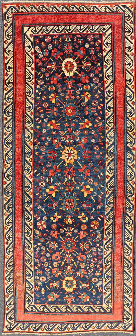 Antique Caucasian Seychour Runner in Medium Blue Background and Rich Colors. Keivan Woven Arts / rug X23 - 0607 - 123, country of origin / type: Azerbaijan /Seychour , circa late - 19th century. Measures: 4'0 x 10'9 Antique Seychour rugs are p... - Keivan Woven ArtsX23 - 0607 - 123 - 24504Rug