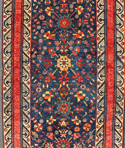Antique Caucasian Seychour Runner in Medium Blue Background and Rich Colors. Keivan Woven Arts / rug X23 - 0607 - 123, country of origin / type: Azerbaijan /Seychour , circa late - 19th century. Measures: 4'0 x 10'9 Antique Seychour rugs are p... - Keivan Woven ArtsX23 - 0607 - 123 - 24504Rug