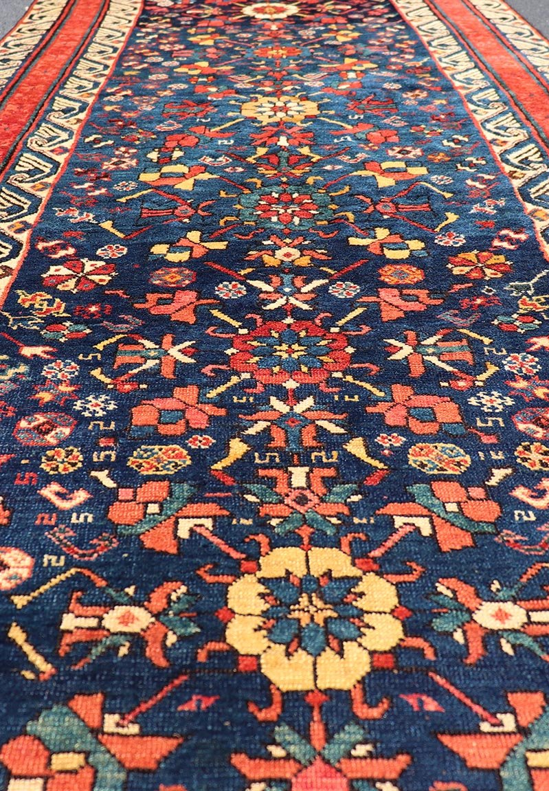 Antique Caucasian Seychour Runner in Medium Blue Background and Rich Colors. Keivan Woven Arts / rug X23 - 0607 - 123, country of origin / type: Azerbaijan /Seychour , circa late - 19th century. Measures: 4'0 x 10'9 Antique Seychour rugs are p... - Keivan Woven ArtsX23 - 0607 - 123 - 24504Rug