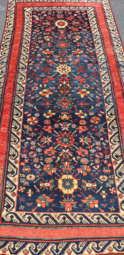 Antique Caucasian Seychour Runner in Medium Blue Background and Rich Colors. Keivan Woven Arts / rug X23 - 0607 - 123, country of origin / type: Azerbaijan /Seychour , circa late - 19th century. Measures: 4'0 x 10'9 Antique Seychour rugs are p... - Keivan Woven ArtsX23 - 0607 - 123 - 24504Rug