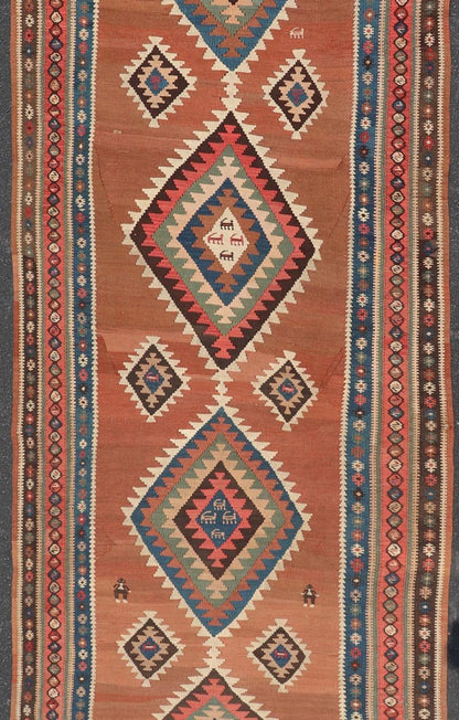 Antique Persian Kurdish Kilim Gallery Runner with Geometric Medallion Design. Keivan Woven Arts / rug X23 - 0610 - 1876, country of origin / type: Iran / Kilim, circa 1910 Measures: 4'11 x 14'3 Featuring an all - over geometric diamond medalli... - Keivan Woven ArtsX23 - 0610 - 1876 - 24511Rug