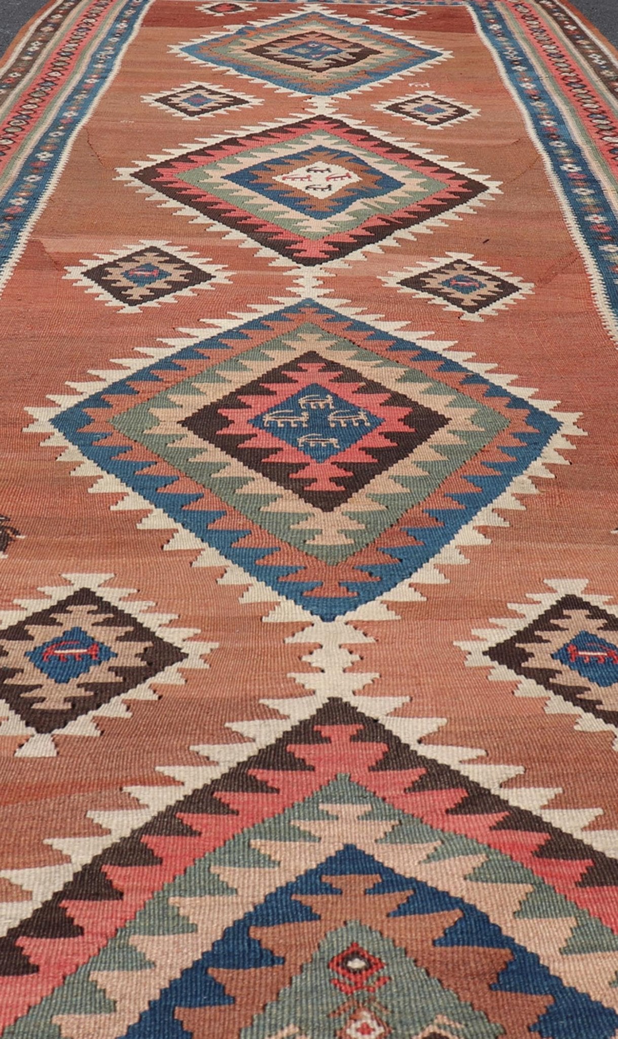Antique Persian Kurdish Kilim Gallery Runner with Geometric Medallion Design. Keivan Woven Arts / rug X23 - 0610 - 1876, country of origin / type: Iran / Kilim, circa 1910 Measures: 4'11 x 14'3 Featuring an all - over geometric diamond medalli... - Keivan Woven ArtsX23 - 0610 - 1876 - 24511Rug