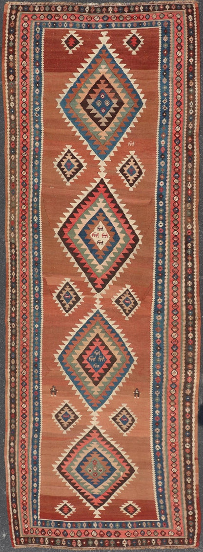 Antique Persian Kurdish Kilim Gallery Runner with Geometric Medallion Design. Keivan Woven Arts / rug X23 - 0610 - 1876, country of origin / type: Iran / Kilim, circa 1910 Measures: 4'11 x 14'3 Featuring an all - over geometric diamond medalli... - Keivan Woven ArtsX23 - 0610 - 1876 - 24511Rug