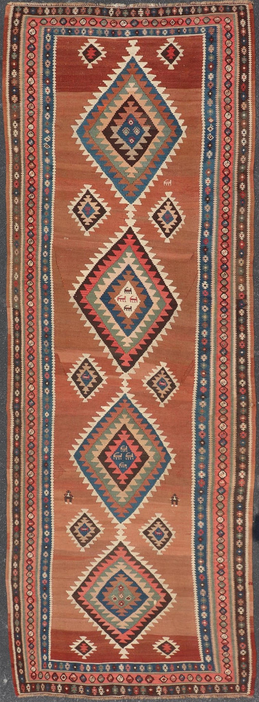 Antique Persian Kurdish Kilim Gallery Runner with Geometric Medallion Design. Keivan Woven Arts / rug X23 - 0610 - 1876, country of origin / type: Iran / Kilim, circa 1910 Measures: 4'11 x 14'3 Featuring an all - over geometric diamond medalli... - Keivan Woven ArtsX23 - 0610 - 1876 - 24511Rug
