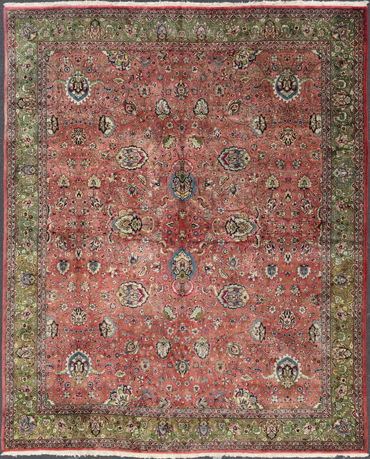 Large Vintage Persian Tabriz Rug with All - Over Design in Cora pink and Acid Green. Keivan Woven Arts / rug X23 - 0612 - 444, country of origin / type: / Tabriz, circa 1950 Measures: 13'0 x 15'4 This vintage Squarish size Tabriz carpet featu... - Keivan Woven ArtsX23 - 0612 - 444 - 24523Rug