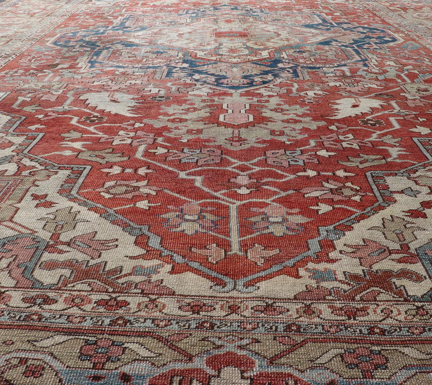 Large Antique Persian Serapi With Geometric Medallion Design With Red and Tan. Keivan Woven Arts / Rug / X23 - 0705 / country of origin / type: Iran /Serapi, circa 1890's. Measures: 11'8 x 18'8 Made in the late 19th century, this charming Serapi ... - Keivan Woven ArtsX23 - 0705 - 2714Rug