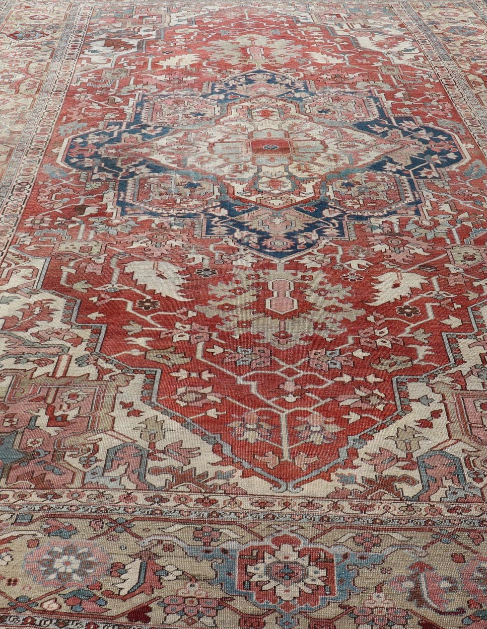 Large Antique Persian Serapi With Geometric Medallion Design With Red and Tan. Keivan Woven Arts / Rug / X23 - 0705 / country of origin / type: Iran /Serapi, circa 1890's. Measures: 11'8 x 18'8 Made in the late 19th century, this charming Serapi ... - Keivan Woven ArtsX23 - 0705 - 2714Rug