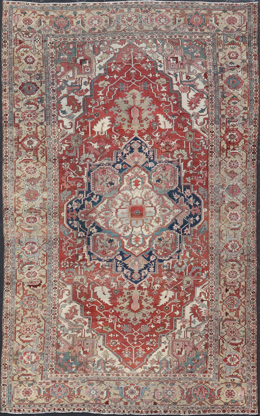 Large Antique Persian Serapi With Geometric Medallion Design With Red and Tan. Keivan Woven Arts / Rug / X23 - 0705 / country of origin / type: Iran /Serapi, circa 1890's. Measures: 11'8 x 18'8 Made in the late 19th century, this charming Serapi ... - Keivan Woven ArtsX23 - 0705 - 2714Rug