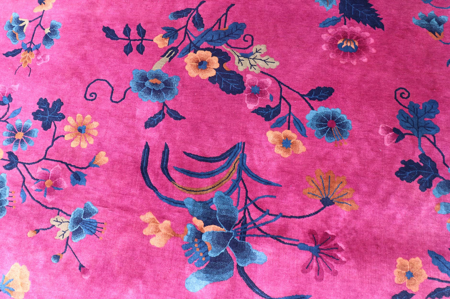 Magenta Background Chinese Art Deco Rug with Large Vining Flowers and Leaves. Keivan Woven Arts / rug X23 - 0802, country of origin / type: China / Art Deco, circa 1920. Measures: 12'0 x 14'8 Alive with color, this beautiful antique Art Deco Chine... - Keivan Woven ArtsX23 - 0802 - 24964Rug