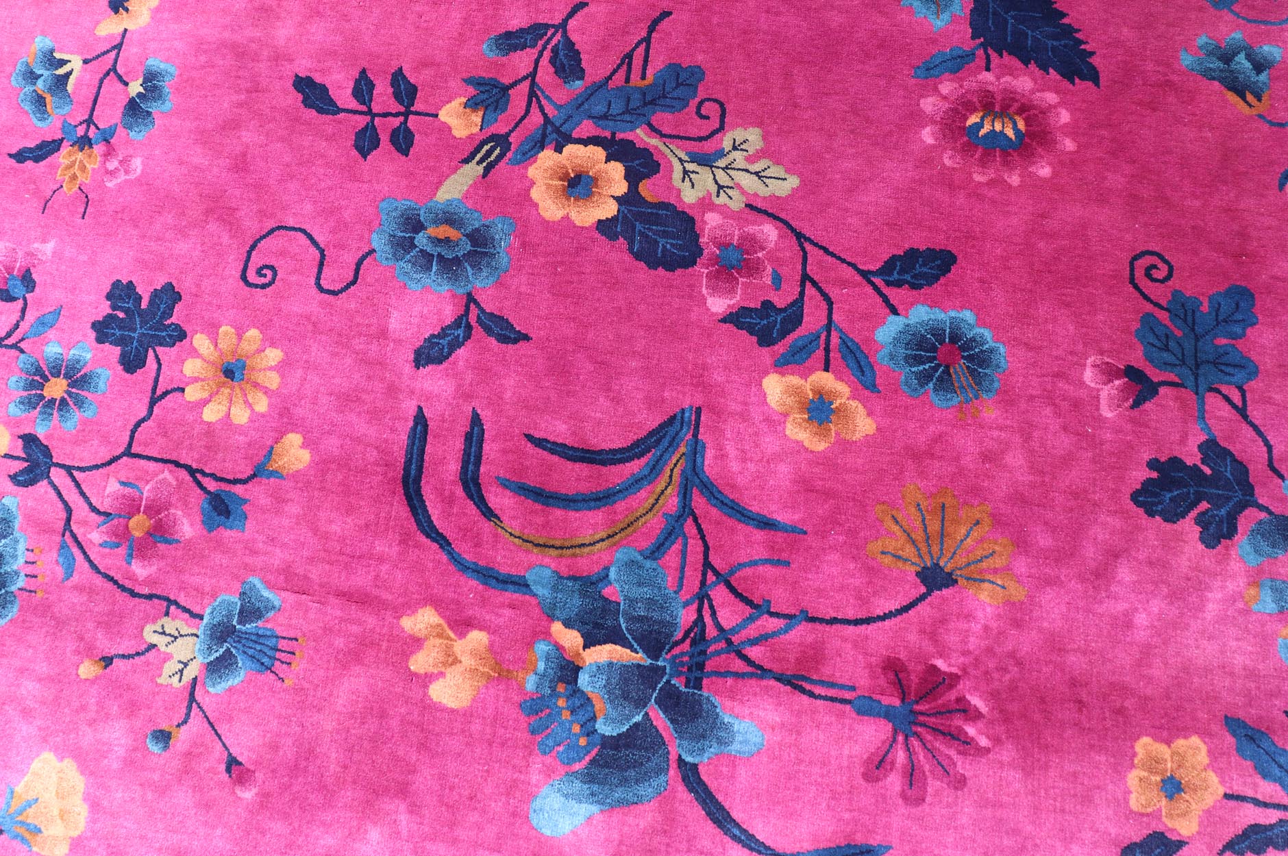 Magenta Background Chinese Art Deco Rug with Large Vining Flowers and Leaves. Keivan Woven Arts / rug X23 - 0802, country of origin / type: China / Art Deco, circa 1920. Measures: 12'0 x 14'8 Alive with color, this beautiful antique Art Deco Chine... - Keivan Woven ArtsX23 - 0802 - 24964Rug