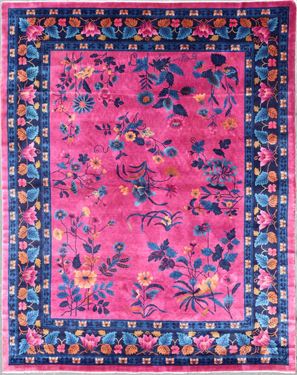 Magenta Background Chinese Art Deco Rug with Large Vining Flowers and Leaves. Keivan Woven Arts / rug X23 - 0802, country of origin / type: China / Art Deco, circa 1920. Measures: 12'0 x 14'8 Alive with color, this beautiful antique Art Deco Chine... - Keivan Woven ArtsX23 - 0802 - 24964Rug