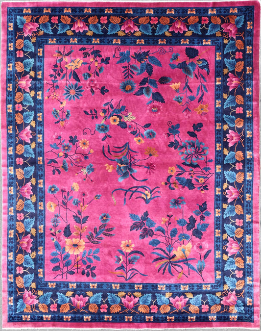 Magenta Background Chinese Art Deco Rug with Large Vining Flowers and Leaves. Keivan Woven Arts / rug X23 - 0802, country of origin / type: China / Art Deco, circa 1920. Measures: 12'0 x 14'8 Alive with color, this beautiful antique Art Deco Chine... - Keivan Woven ArtsX23 - 0802 - 24964Rug