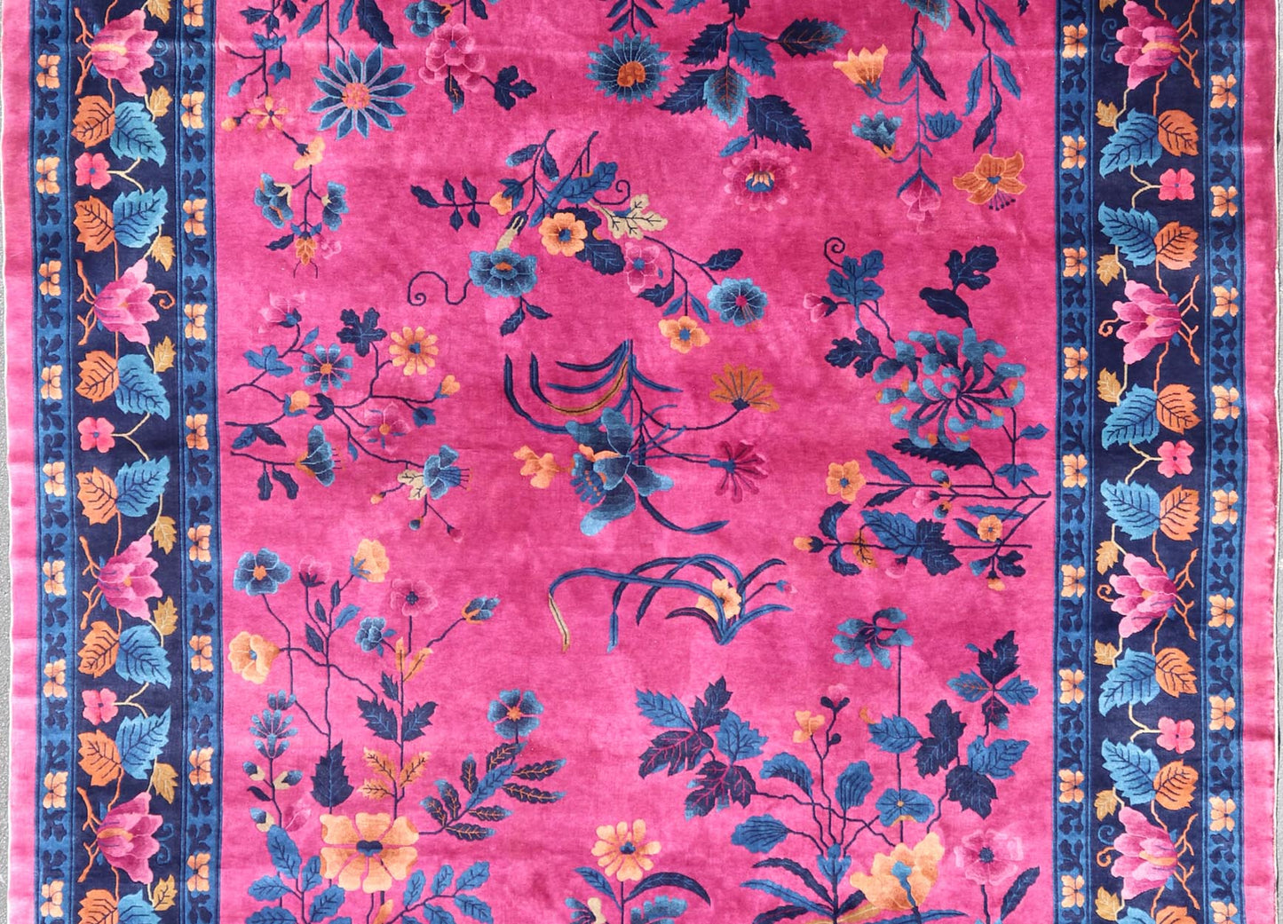 Magenta Background Chinese Art Deco Rug with Large Vining Flowers and Leaves. Keivan Woven Arts / rug X23 - 0802, country of origin / type: China / Art Deco, circa 1920. Measures: 12'0 x 14'8 Alive with color, this beautiful antique Art Deco Chine... - Keivan Woven ArtsX23 - 0802 - 24964Rug