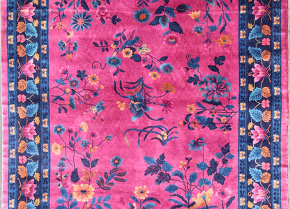Magenta Background Chinese Art Deco Rug with Large Vining Flowers and Leaves. Keivan Woven Arts / rug X23 - 0802, country of origin / type: China / Art Deco, circa 1920. Measures: 12'0 x 14'8 Alive with color, this beautiful antique Art Deco Chine... - Keivan Woven ArtsX23 - 0802 - 24964Rug