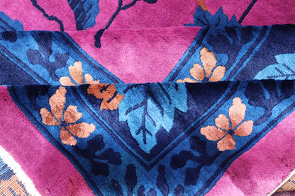 Magenta Background Chinese Art Deco Rug with Large Vining Flowers and Leaves. Keivan Woven Arts / rug X23 - 0802, country of origin / type: China / Art Deco, circa 1920. Measures: 12'0 x 14'8 Alive with color, this beautiful antique Art Deco Chine... - Keivan Woven ArtsX23 - 0802 - 24964Rug