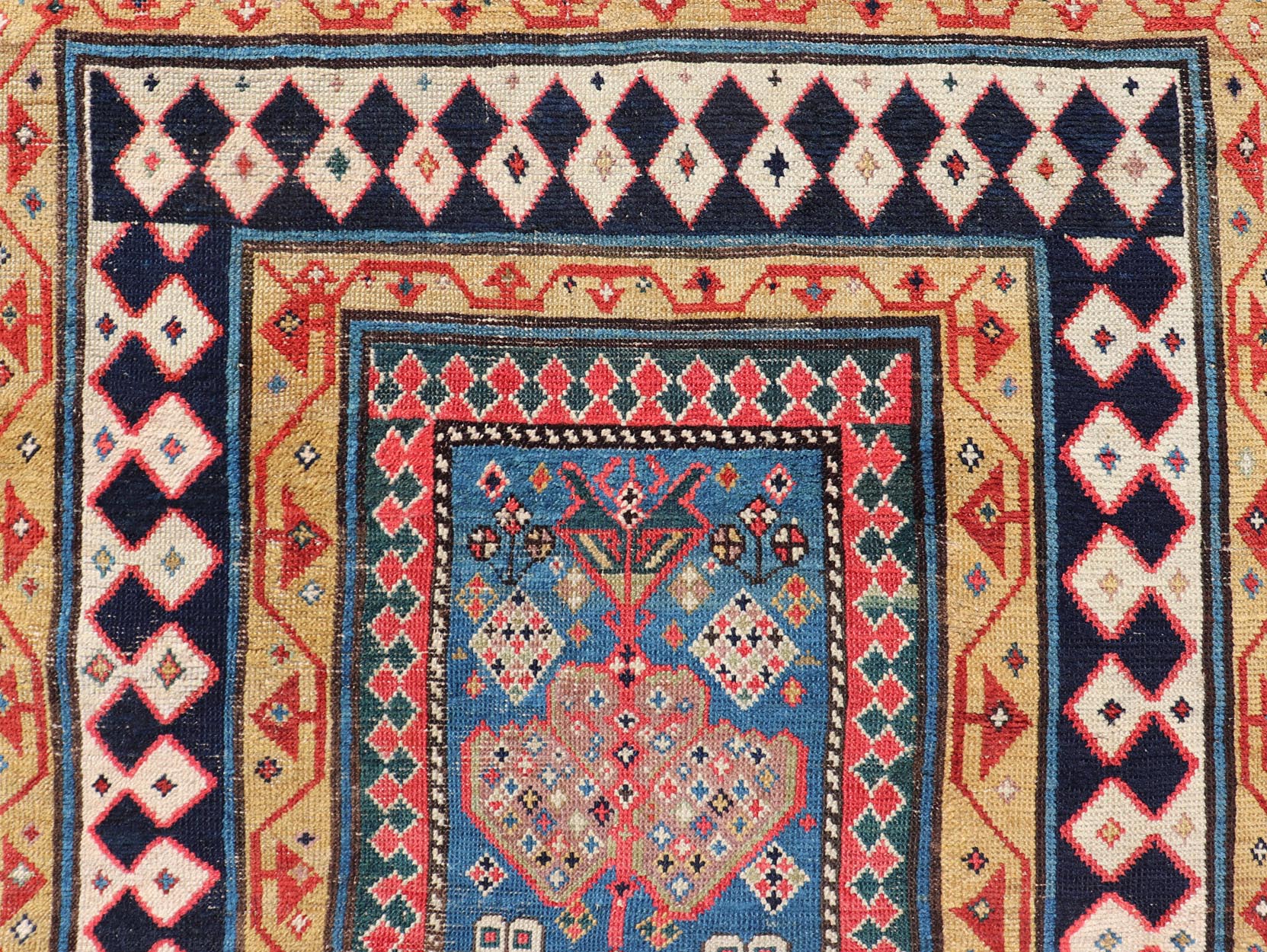 Antique Caucasian Shirvan Rug with Tribal Design and Motifs in Vivid Colors. Keivan Woven Arts / rug X23 - 0810 - 55, country of origin / type: Caucasus / Shirvan, circa 1875. Measures: 3'9 x 7'10 A finely woven Shirvan Caucasian rug. The field desi... - Keivan Woven ArtsX23 - 0810 - 55 - 24849Rug