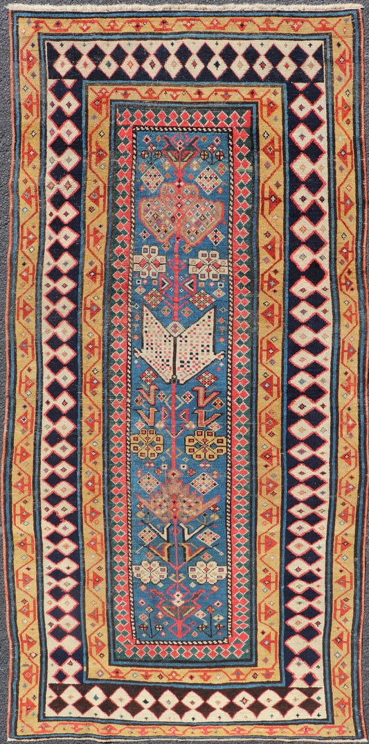 Antique Caucasian Shirvan Rug with Tribal Design and Motifs in Vivid Colors. Keivan Woven Arts / rug X23 - 0810 - 55, country of origin / type: Caucasus / Shirvan, circa 1875. Measures: 3'9 x 7'10 A finely woven Shirvan Caucasian rug. The field desi... - Keivan Woven ArtsX23 - 0810 - 55 - 24849Rugs