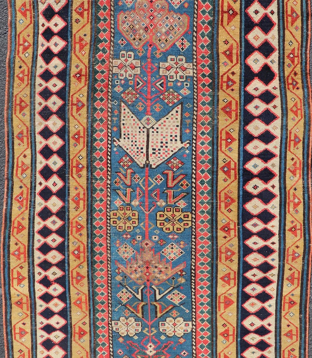 Antique Caucasian Shirvan Rug with Tribal Design and Motifs in Vivid Colors. Keivan Woven Arts / rug X23 - 0810 - 55, country of origin / type: Caucasus / Shirvan, circa 1875. Measures: 3'9 x 7'10 A finely woven Shirvan Caucasian rug. The field desi... - Keivan Woven ArtsX23 - 0810 - 55 - 24849Rug