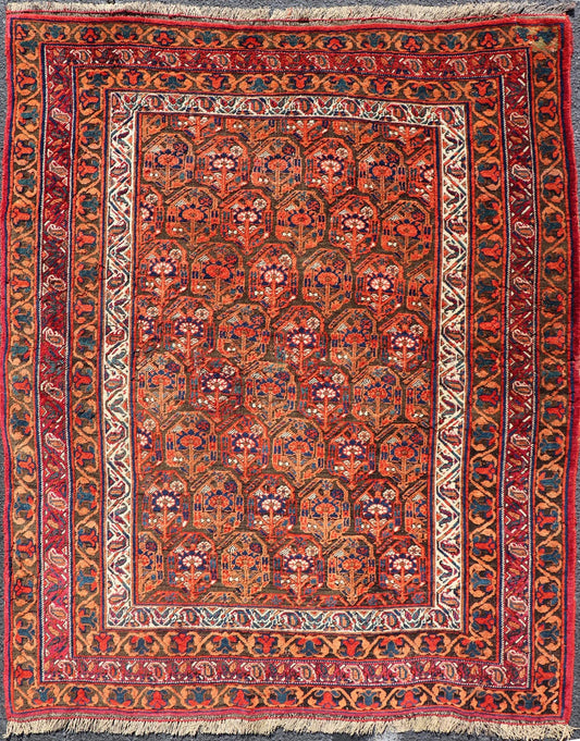 Fine Persian Antique Afshar Rug in Orange and Copper Background & Multi Colors. Keivan Woven Arts/ Rug/X23 - 0812 - 93, Antique Afshar Early 20th Century. Measures: 4'2 x 5'2 Unique Botanical, rich symbolism, and fine intricacy contribute to the ma... - Keivan Woven ArtsX23 - 0812 - 93 - 24813Rug
