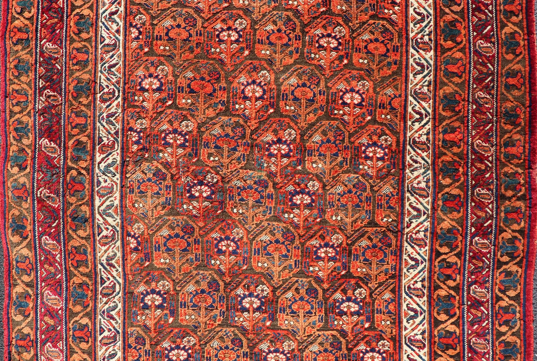 Fine Persian Antique Afshar Rug in Orange and Copper Background & Multi Colors. Keivan Woven Arts/ Rug/X23 - 0812 - 93, Antique Afshar Early 20th Century. Measures: 4'2 x 5'2 Unique Botanical, rich symbolism, and fine intricacy contribute to the ma... - Keivan Woven ArtsX23 - 0812 - 93 - 24813