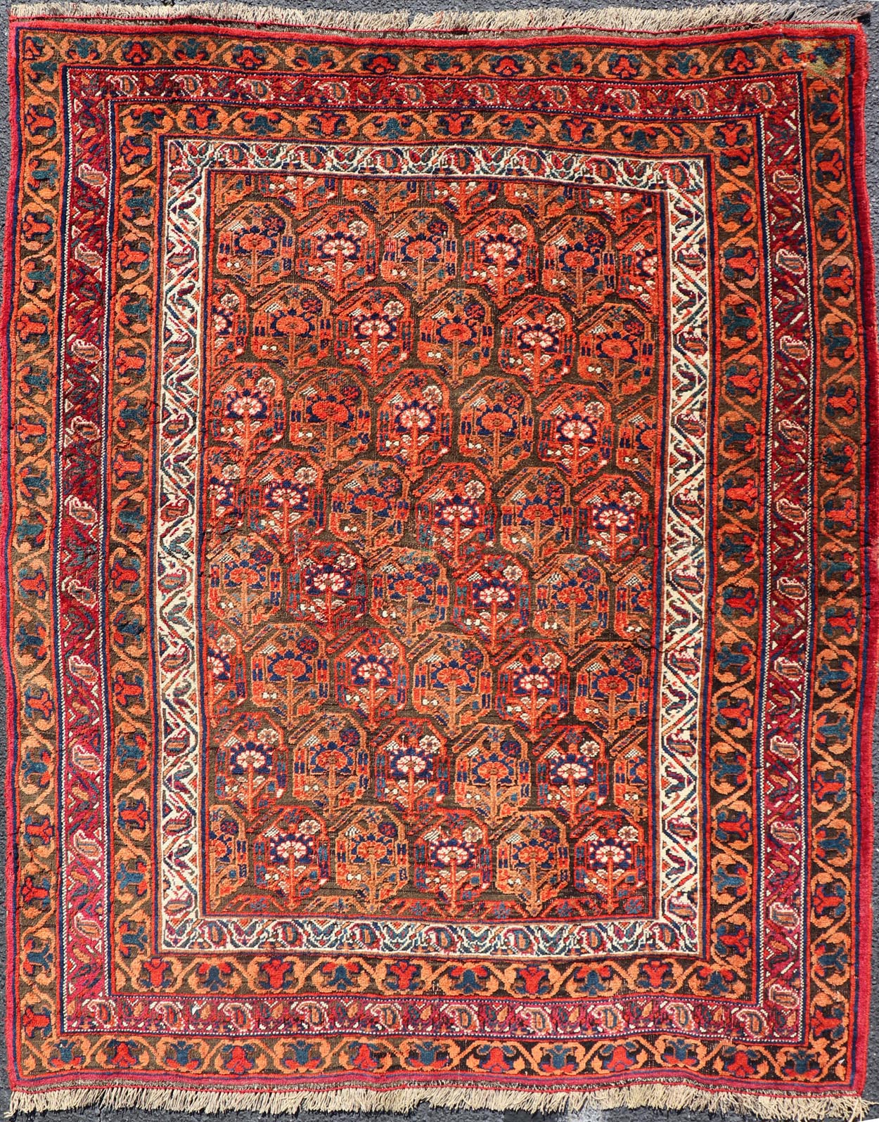 Fine Persian Antique Afshar Rug in Orange and Copper Background & Multi Colors. Keivan Woven Arts/ Rug/X23 - 0812 - 93, Antique Afshar Early 20th Century. Measures: 4'2 x 5'2 Unique Botanical, rich symbolism, and fine intricacy contribute to the ma... - Keivan Woven ArtsX23 - 0812 - 93 - 24813
