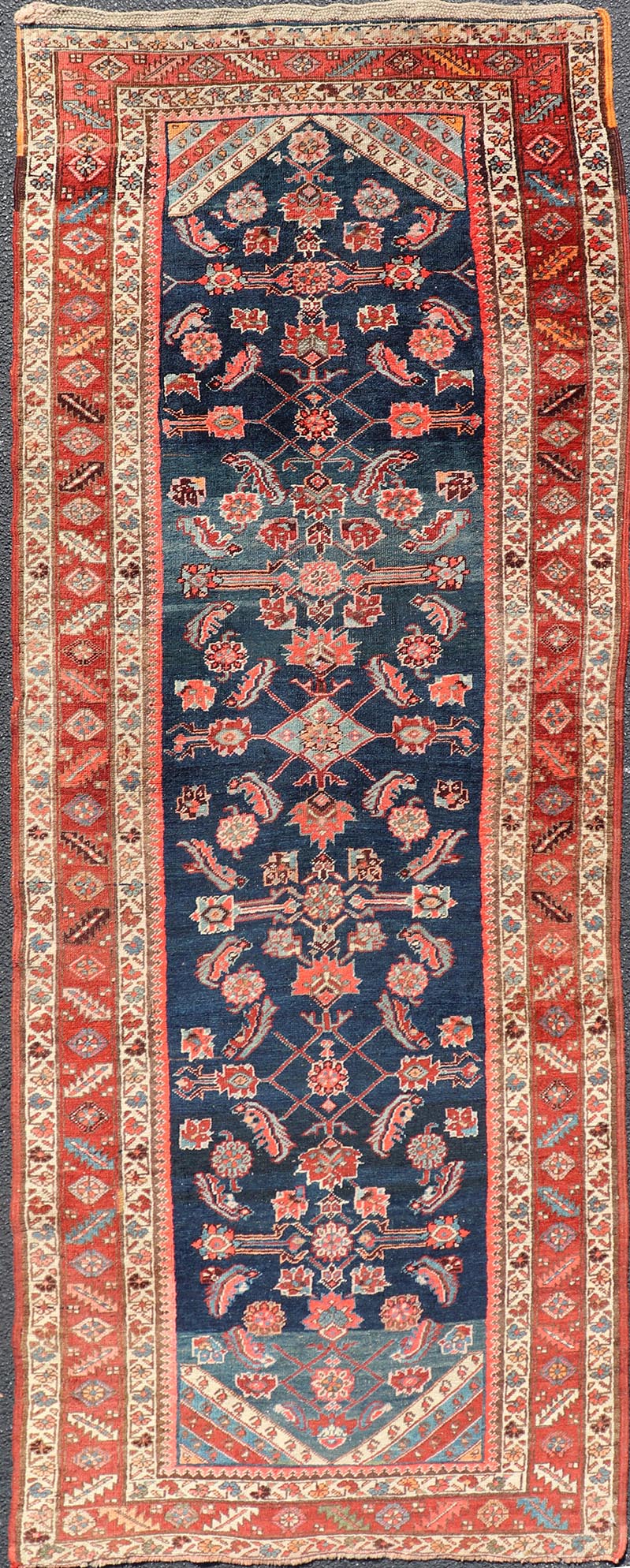 Antique Persian Bidjar Runner with Small Floral Motifs in Blue, Red, and Ivory. Keivan Woven Arts / rug /X23 - 0819 - 399, country of origin / type: Iran / Bidjar, circa 1900 Measures: 3'6 x 10'0 This antique Persian Bidjar wide runner features a be... - Keivan Woven ArtsX23 - 0819 - 399 - 24880Rug
