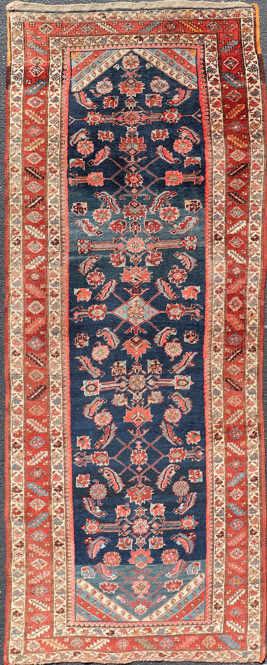 Antique Persian Bidjar Runner with Small Floral Motifs in Blue, Red, and Ivory. Keivan Woven Arts / rug /X23 - 0819 - 399, country of origin / type: Iran / Bidjar, circa 1900 Measures: 3'6 x 10'0 This antique Persian Bidjar wide runner features a be... - Keivan Woven ArtsX23 - 0819 - 399 - 24880Rug