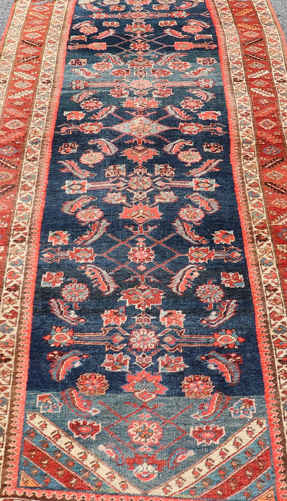 Antique Persian Bidjar Runner with Small Floral Motifs in Blue, Red, and Ivory. Keivan Woven Arts / rug /X23 - 0819 - 399, country of origin / type: Iran / Bidjar, circa 1900 Measures: 3'6 x 10'0 This antique Persian Bidjar wide runner features a be... - Keivan Woven ArtsX23 - 0819 - 399 - 24880Rug