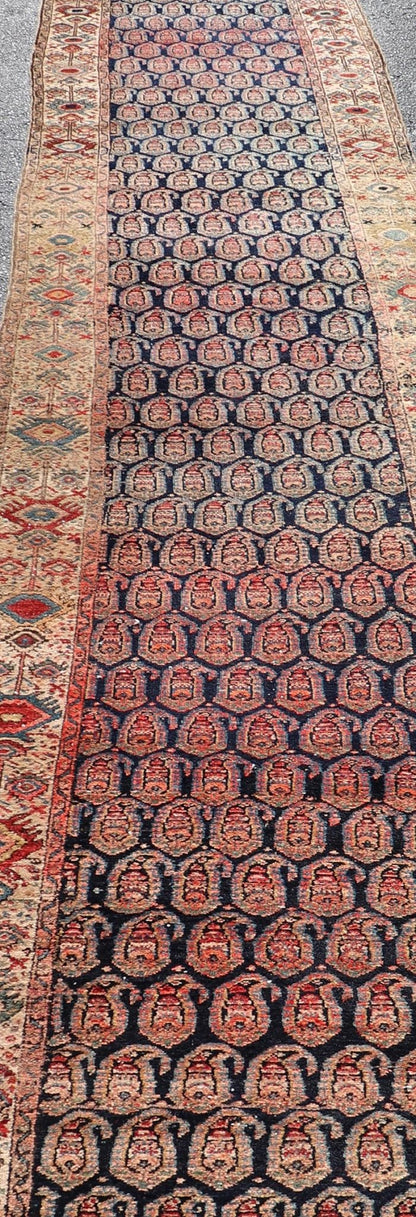 Antique Persian Malayer Long Runner with Paisley Design in Navy Blue Background. Keivan Woven Arts / rug X23 - 0903, country of origin / type: Iran / Malayer, circa 1910. Measures: 3'0 x 18'9 This antique Persian Malayer Gallery runner relies heav... - Keivan Woven ArtsX23 - 0903 - 25092Rug