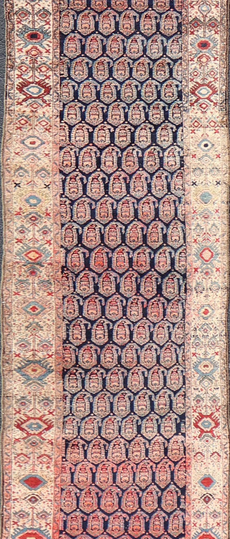 Antique Persian Malayer Long Runner with Paisley Design in Navy Blue Background. Keivan Woven Arts / rug X23 - 0903, country of origin / type: Iran / Malayer, circa 1910. Measures: 3'0 x 18'9 This antique Persian Malayer Gallery runner relies heav... - Keivan Woven ArtsX23 - 0903 - 25092