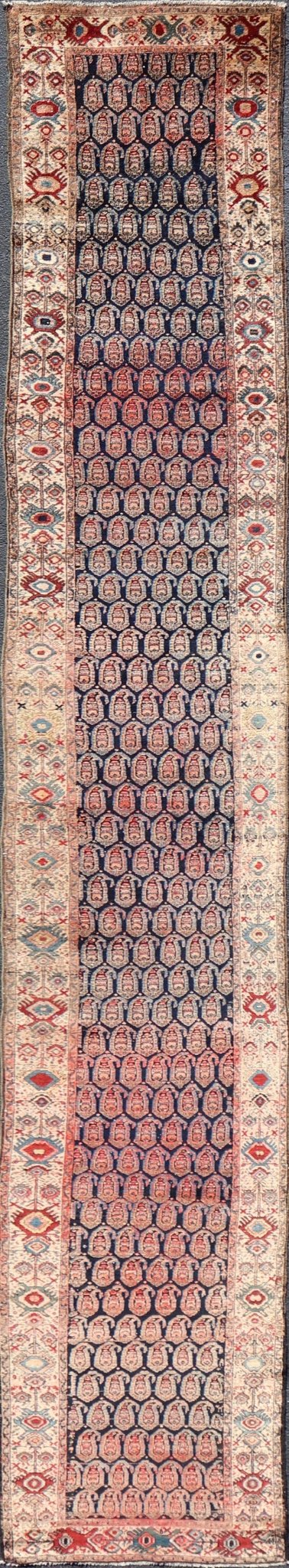 Antique Persian Malayer Long Runner with Paisley Design in Navy Blue Background. Keivan Woven Arts / rug X23 - 0903, country of origin / type: Iran / Malayer, circa 1910. Measures: 3'0 x 18'9 This antique Persian Malayer Gallery runner relies heav... - Keivan Woven ArtsX23 - 0903 - 25092Rug