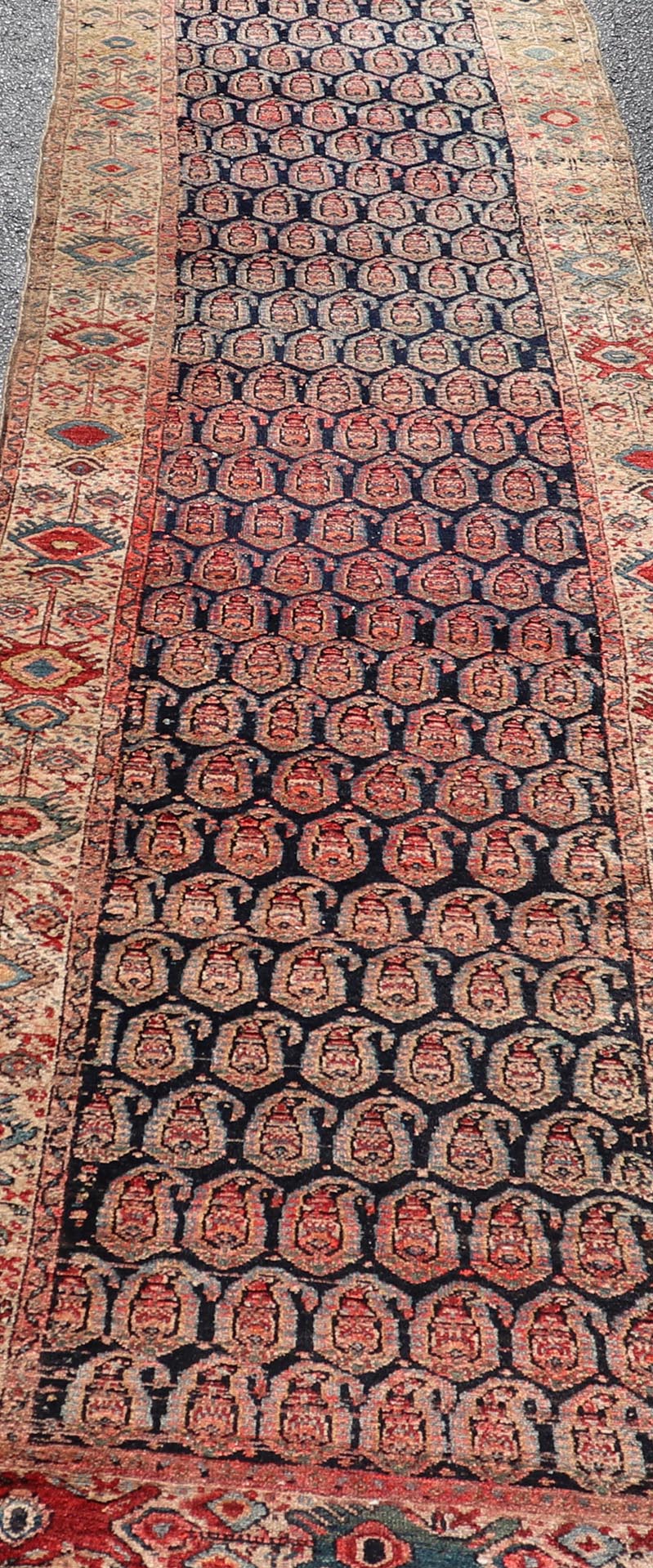 Antique Persian Malayer Long Runner with Paisley Design in Navy Blue Background. Keivan Woven Arts / rug X23 - 0903, country of origin / type: Iran / Malayer, circa 1910. Measures: 3'0 x 18'9 This antique Persian Malayer Gallery runner relies heav... - Keivan Woven ArtsX23 - 0903 - 25092
