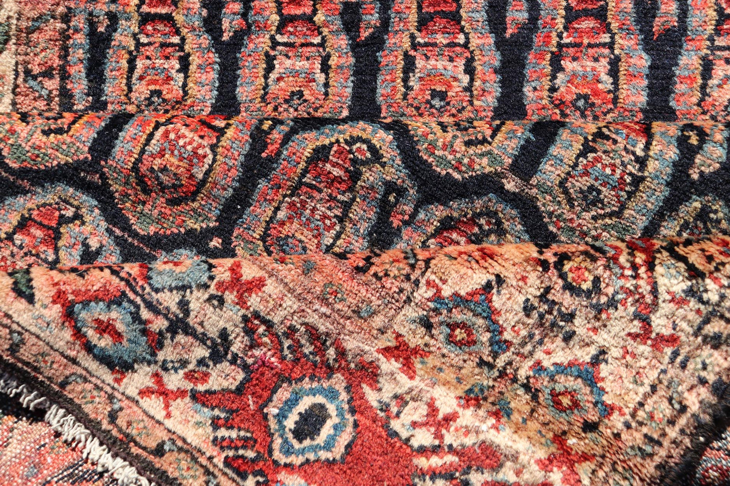 Antique Persian Malayer Long Runner with Paisley Design in Navy Blue Background. Keivan Woven Arts / rug X23 - 0903, country of origin / type: Iran / Malayer, circa 1910. Measures: 3'0 x 18'9 This antique Persian Malayer Gallery runner relies heav... - Keivan Woven ArtsX23 - 0903 - 25092Rug