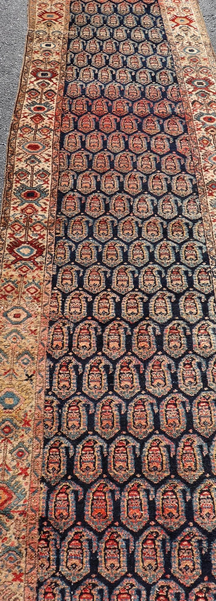 Antique Persian Malayer Long Runner with Paisley Design in Navy Blue Background. Keivan Woven Arts / rug X23 - 0903, country of origin / type: Iran / Malayer, circa 1910. Measures: 3'0 x 18'9 This antique Persian Malayer Gallery runner relies heav... - Keivan Woven ArtsX23 - 0903 - 25092