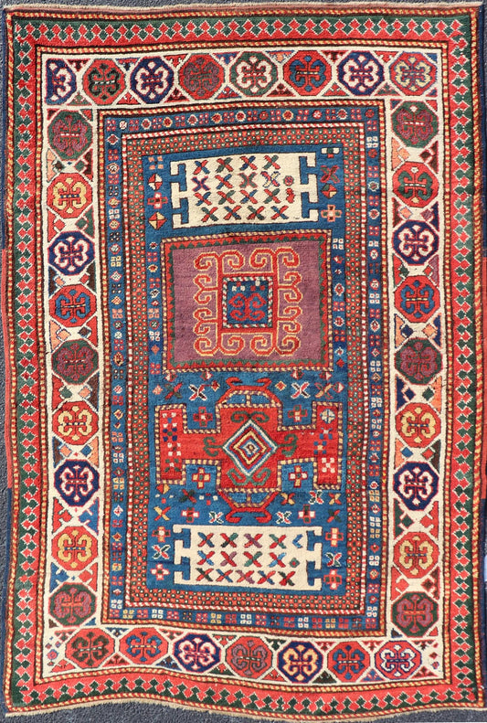 Antique Caucasian Kazak Rug with Geometrics Medallions Keivan Woven Arts. Keivan Woven Arts / rug X23 - 1204 - 188, country of origin / type: Caucasus late 19th Century. Measures: 4'4 x 7'0 Kazak rugs are among the most desirable Caucasian rugs. Th... - Keivan Woven ArtsX23 - 1204 - 188 - 25627Rugs