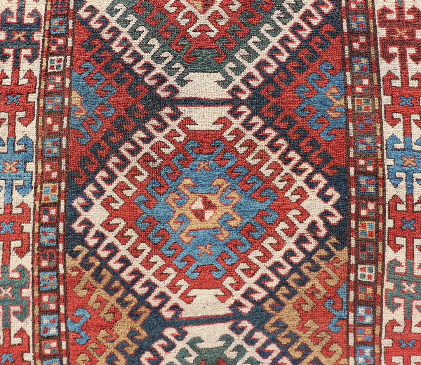 Antique Caucasian Kazak Rug With Geometric Design Medallion's Keivan Woven Arts. Keivan Woven Arts / rug X23 - 1205 - 197, country of origin / type: Caucuses / Caucasian Kazak, circa 1880. Measures: 3'10 x 7'4 Brilliant Kazak rugs are among the most... - Keivan Woven ArtsX23 - 1205 - 197 - 25633Rugs