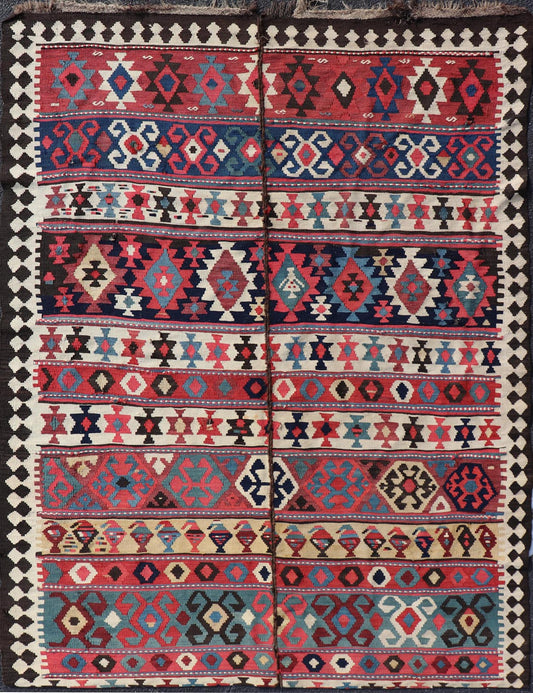 19th Century Antique Kazak Kilim with Intricate Design in with Vibrant Colors. Keivan Woven Arts / rug X23 - 1208 - 226, country of origin / type: Caucasus/ Shirvan , circa 1875. Measures: 4'9 x 6'8 This beautiful late 19th century antique Kili... - Keivan Woven ArtsX23 - 1208 - 226 - 25646Rugs