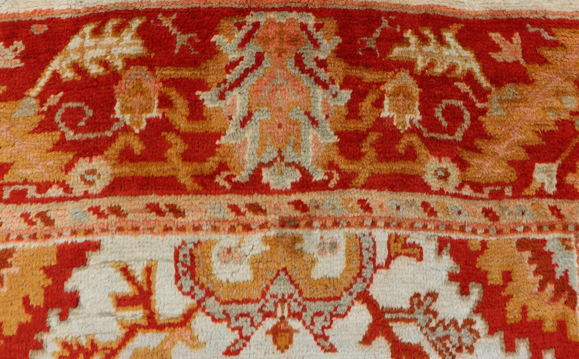 Antique Turkish Oushak with Elegant Motifs in Red, Ivory, Gold and Salmon Pink. Keivan Woven Arts / rug ZBH - 15051, country of origin / type: Turkey / Oushak, circa Early - 20th century Measures: 7 x 9'8. This beautiful antique Turkish Oushak rug fr... - Keivan Woven ArtsZBH - 15051 - 8361