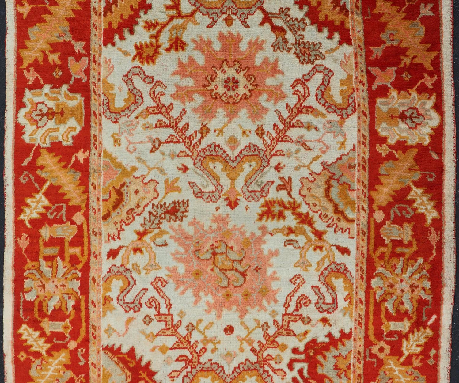 Antique Turkish Oushak with Elegant Motifs in Red, Ivory, Gold and Salmon Pink. Keivan Woven Arts / rug ZBH - 15051, country of origin / type: Turkey / Oushak, circa Early - 20th century Measures: 7 x 9'8. This beautiful antique Turkish Oushak rug fr... - Keivan Woven ArtsZBH - 15051 - 8361Rug