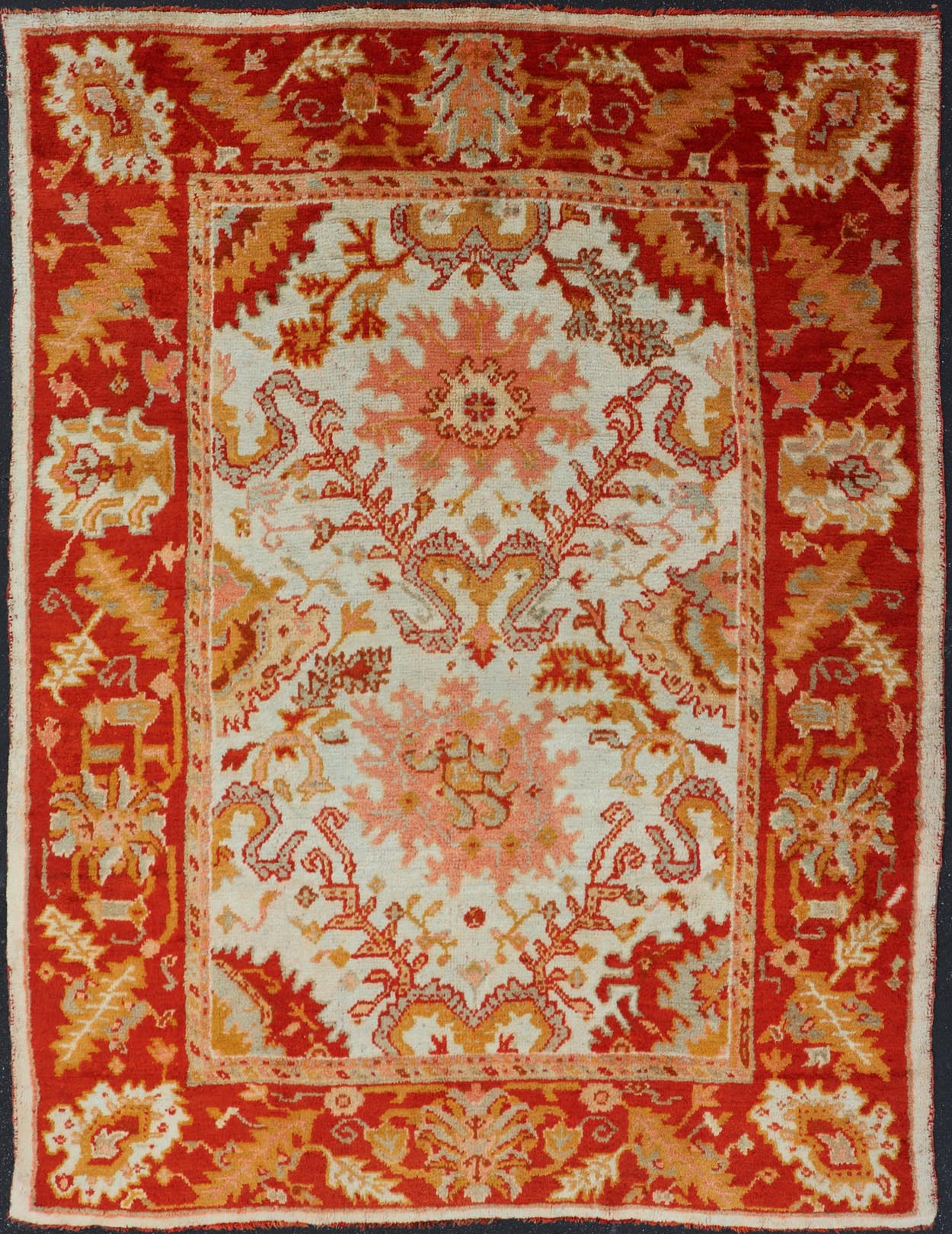 Antique Turkish Oushak with Elegant Motifs in Red, Ivory, Gold and Salmon Pink. Keivan Woven Arts / rug ZBH - 15051, country of origin / type: Turkey / Oushak, circa Early - 20th century Measures: 7 x 9'8. This beautiful antique Turkish Oushak rug fr... - Keivan Woven ArtsZBH - 15051 - 8361