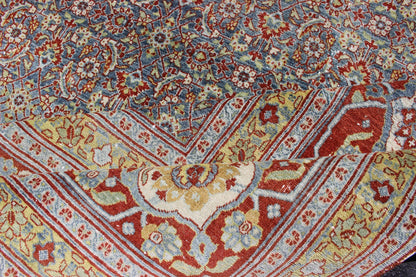 Red, border with gray, and blue Persian Tabriz antique rug in sub geometric design. keivan Woven Arts / rug zir - 1, country of origin / type: Iran / Tabriz, circa 1910. Measures: 13'6 x 16'2. This antique Persian Tabriz carpet (circa early 20th c... - Keivan Woven ArtsZIR - 1 - 9368Rug