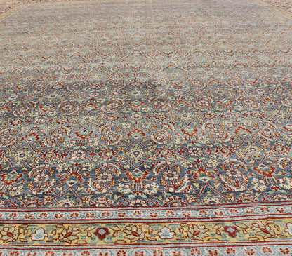 Red, border with gray, and blue Persian Tabriz antique rug in sub geometric design. keivan Woven Arts / rug zir - 1, country of origin / type: Iran / Tabriz, circa 1910. Measures: 13'6 x 16'2. This antique Persian Tabriz carpet (circa early 20th c... - Keivan Woven ArtsZIR - 1 - 9368Rug