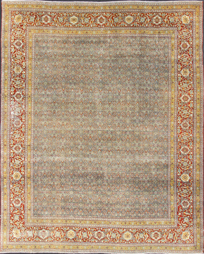 Red, border with gray, and blue Persian Tabriz antique rug in sub geometric design. keivan Woven Arts / rug zir - 1, country of origin / type: Iran / Tabriz, circa 1910. Measures: 13'6 x 16'2. This antique Persian Tabriz carpet (circa early 20th c... - Keivan Woven ArtsZIR - 1 - 9368Rug