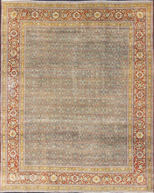 Red, border with gray, and blue Persian Tabriz antique rug in sub geometric design. keivan Woven Arts / rug zir - 1, country of origin / type: Iran / Tabriz, circa 1910. Measures: 13'6 x 16'2. This antique Persian Tabriz carpet (circa early 20th c... - Keivan Woven ArtsZIR - 1 - 9368Rug
